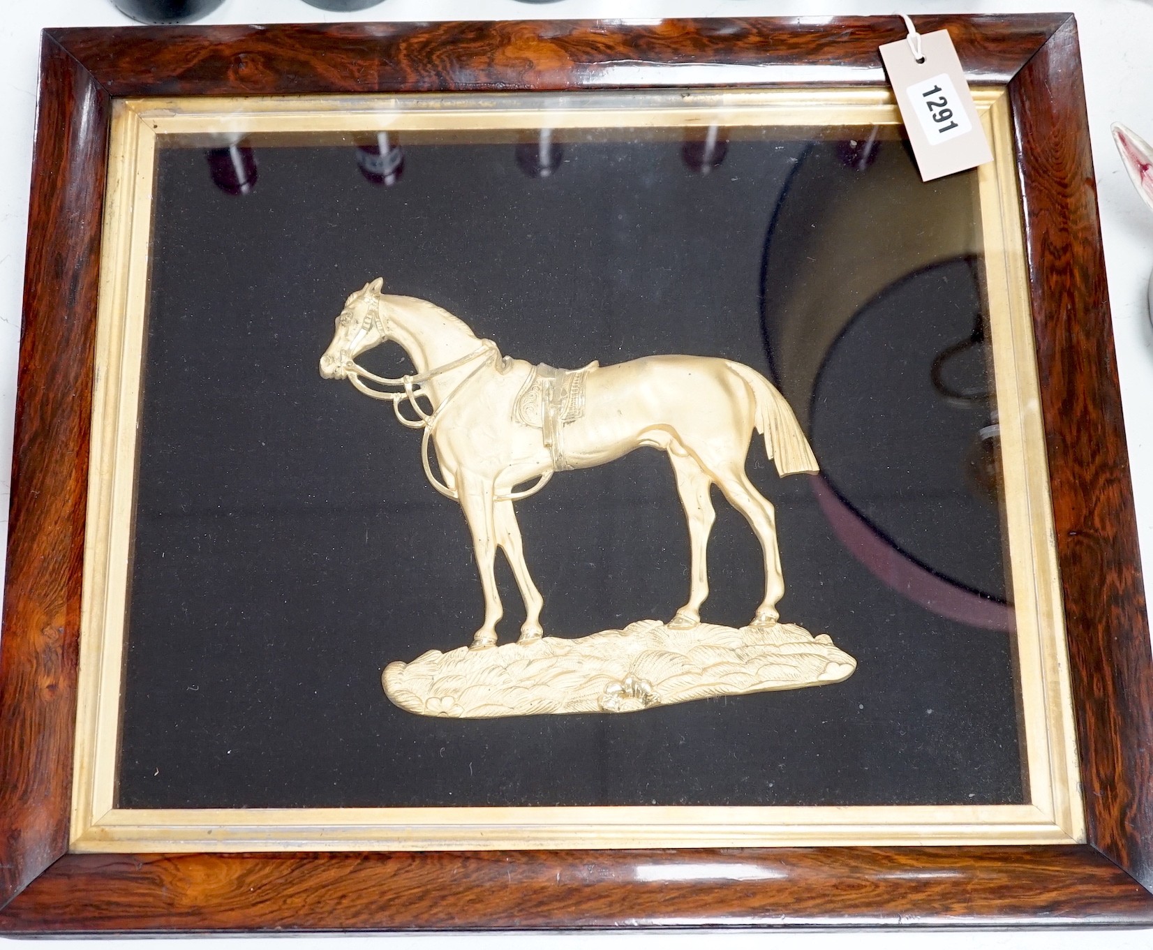 A Victorian cast gilt metal horse, rosewood framed, 43 x 50cm total